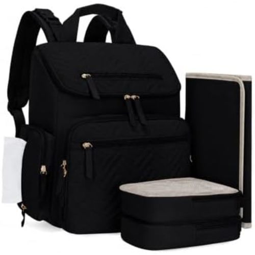 KABAQOO Diaper Bag Backpack with Changing Pad and Insulated Pockets, Black
