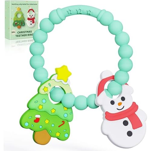 Christmas Baby Teething Toys, Snowman & Tree Silicone Teether for 3-12 Months, Textured Sensory Chewing Ring for Infants & Toddlers, Boo Basket Stuffer, Gift for Baby’s First Christmas