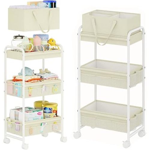 Cidaziya 2 in 1 Baby Diaper Organizer with Diaper Caddy Basket,Nursery Organizers and Storage Cart for Baby Essentials with Side Pockets, Rolling Postpartum Cart for Nursery, Baby registry