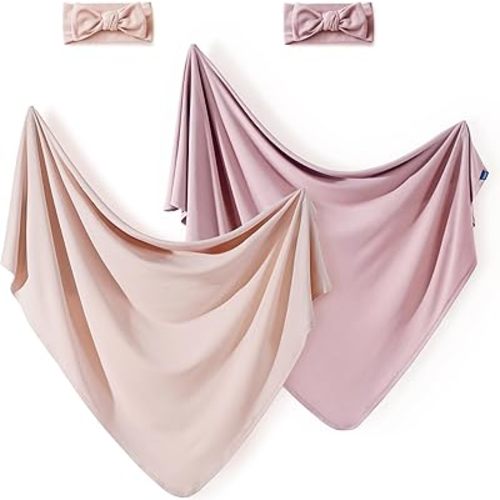 GRSSDER Newborn Swaddle Blanket Set for Girls (2 Blankets & 2 Bow Headbands), Ultra Soft Stretchy Jersey Knit Extra Large Size 33 x 44 Receiving Blankets for Easy Swaddling Baby Snug and Cozy