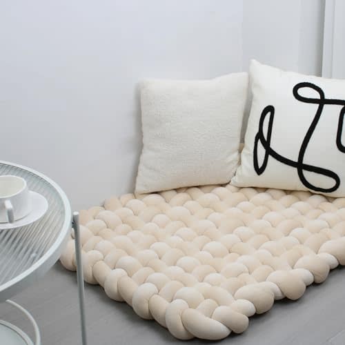 XHJRI Thickened Braided Knot Seat Mat, Knotted Floor Decorative Cushion, Handmade Baby Infant Playing Pad Nursery Rug (27.5 * 31.5 Inch,Light Khaki)