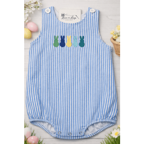 Boys Blue Seersucker Bunny Bubble – Linen & Loop