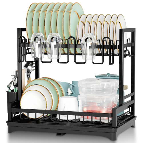 Stelive 2-Tier Dish Drying Rack Dish Drainer Cutlery Holder Dish Drainer Rack Multifunctional Storage Rack w/ Drainboard for Kitchen (Black) - Walmart.ca