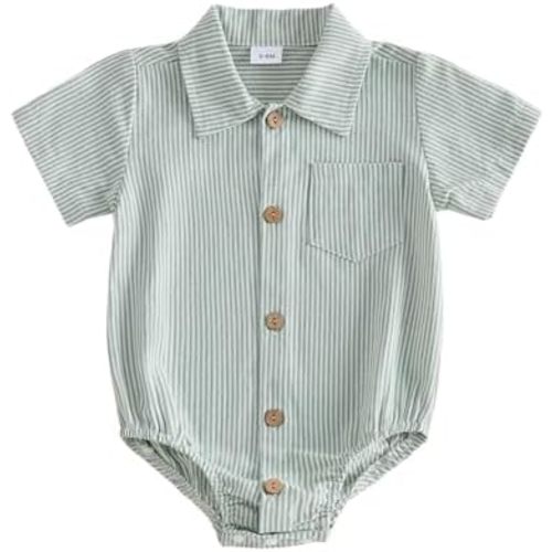 Sasaerucure Newborn Baby Boy Clothes Turndown Collar Striped Long/Short Sleeve Romper Button Up Jumpsuit Shirt Bodysuit
