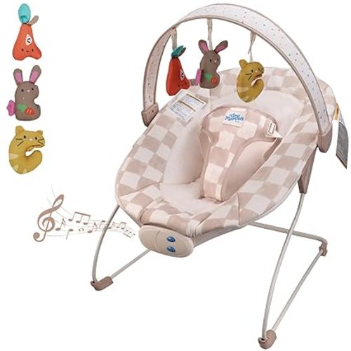 Baby Bouncer – Baby Bouncer seat, Infants Bouncy Seat with Music & Sensory Toys, Machine Washable Seat Pad Indoor Infant Seat, Ideal for Newborns 0-6 Months, 20lbs (Sand Check)
