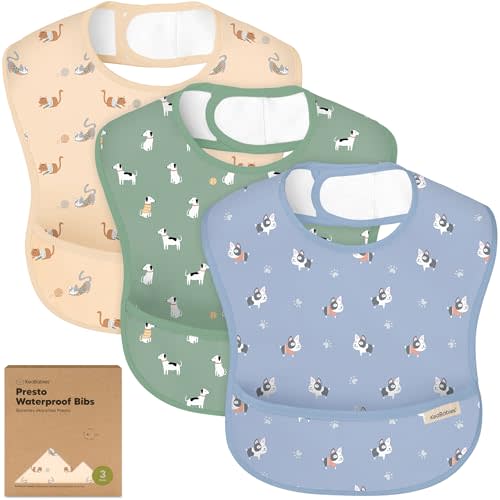3-Pack Waterproof Baby Bibs for Eating - Lightweight Toddler Feeding Bibs with Large Food Catcher, Mess Proof, Food-Grade Baby Eating Essentials, Easy to Put On & Clean (Pets & Paws)