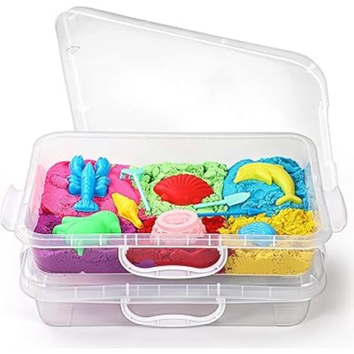 2 Pcs Sand Tray Sensory Bin with Lid and Handle, Portable Sensory Sandbox Container for Kids, Plastic Activity Tray for Toddlers (Transparent)