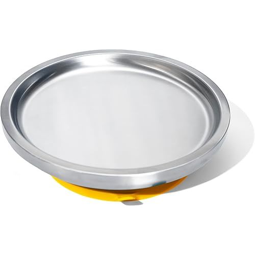 Avanchy Open Baby Plates with Suction – Stainless Steel Divided Plates for Toddlers, BPA-Free, Dishwasher Safe, Unbreakable, Non-Toxic, 100% Silicone Suction – Yellow