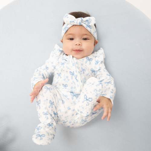 Blue Bows and Flowers - 2 Way Ruffle Sleeve Zipper Footie