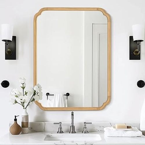 HOMECOOKIN Wood Bathroom Mirrors for Wall Mounted, 30" x 40" Rustic Wood Frame Wall Mirrors Decorative for Living Room or Bedroom Vanity Mirror (Natural) A