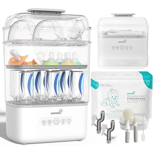 Grownsy 3 Layers-Large Bottle Sterilizer and Dryer, Holds 6 to10 Bottles, Nesting Design Bottle Sanitizer Esterilizador de Biberones for Breast Pump Sterilizer Bags Bottle Brush Included
