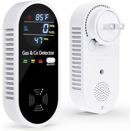 Gas & Carbon Monoxide Detectors Plug in, 4-in-1 Combination Natural Gas Leak & Carbon Monoxide Detectors with Temperature & Humidity Display, Compact CO Monitor Alarm for Home, RV & Travel Safety