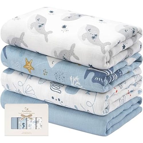 Yoofoss Muslin Swaddle Blankets, 4 Pack Receiving Blankets for Boys and Girls, 47 x 47 Inches Muslin Baby Blankets Soft Breathable - Ocean
