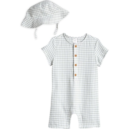 Baby Print Cotton Henley Romper & Hat Set, 6M, Green Mirror Gingham