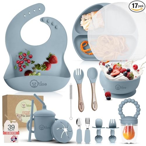 O'doe 17-Piece BPA-Free Silicone Baby Feeding Set | Thick & Soft Suction Plates, Baby Bowls, Wooden Fork & Spoon, and More | Make Mealtime Fun and Easy for Your Little One (Blue, V2)