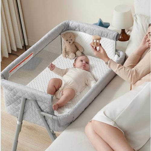 AirClub Bassinet Bedside Sleeper, Baby Crib for Newborn, Baby Bassinets Bedside Sleeper with 4 Auto-Lock & Adjustable Height, Breathable Mesh & Mattress, Bedside Bassinet