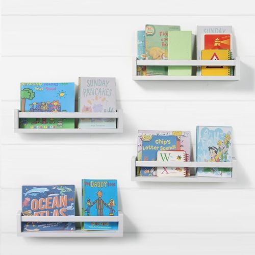 Nursery Room Shelves Set of 4, Wood Floating Book Shelves for Kids Room, Baby Book Shelf for Nursery, Kitchen Spice Rack (Classic White)