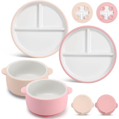 Domensi 4 Pcs Porcelain Kids Plates and Bowls Sets with Suction, 2 Ceramic Toddler Divided Plates 2 Baby Anti Slip Silicone Sleeve Bowls for Feeding Supplies Microwave Dishwasher Safe (Pink,Beige)