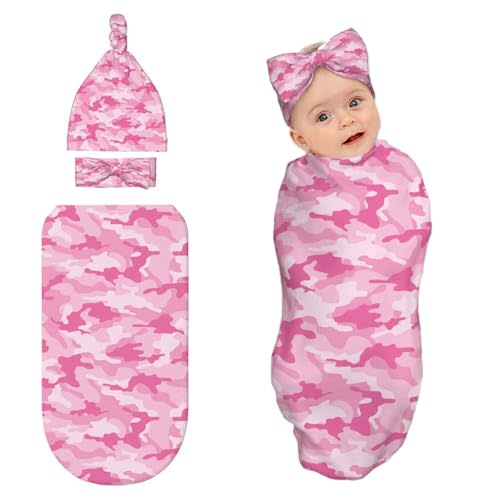 Camo Baby Stuff Newborn Pink Swaddle Blanket with Beanie Hat and Headband Set,Baby Swaddle Blanket Gifts for Infant Shower Boys Girls