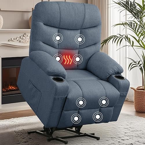 Power Recliner Chair with Massage and Heating, Electric Recliner Chair for Elderly and Adults, Power Lift Recliner with Remote Control and Cup Holders for Living Room, Linen Fabric, Blue