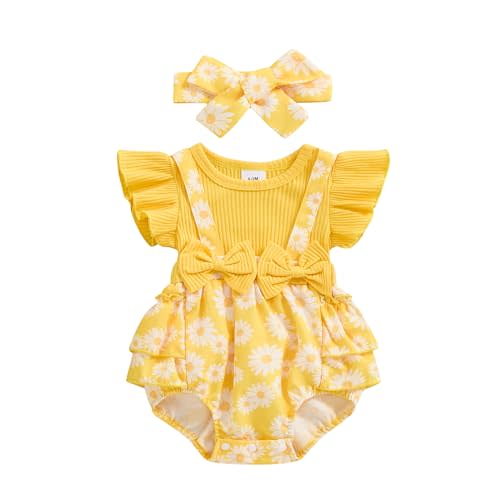 Newborn Baby Girl Outfit Fly Sleeve Floral Romper Dress Headband Infant Onesie Cute Summer Clothes Set (B Yellow floral romper, 3-6 Months)
