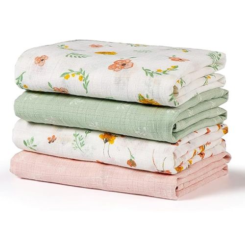 Softan Muslin Swaddle Blankets for Baby Girls & Boys Gift, Large 47X47 inches Receiving Blankets for Newborn, Infant Swaddle Wrap Blanket Set Soft Silky & Breathable, 4 Pack Green Floral