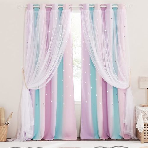 NICETOWN Nursery Curtains for Girls Bedroom Star Blackout Colorful Stripes Drapes Double Layer Curtain 95 inches Length for Living Room (Blue & Purple & Pink, W52 x L95, 1 Pair)