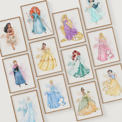 12 Watercolor Princess Art Prints for Girls Room, Nursery Fairy Wall Art Set of 12, Pastel Kids Decor, Printable Digital Download