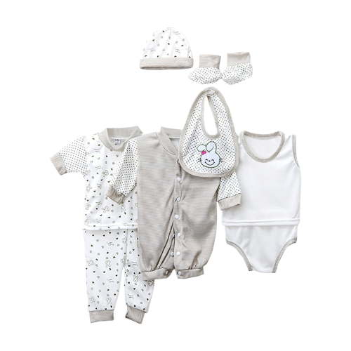 yocbz Unisex Newborn Clothes 8PCS Baby Boy Gifts 0-3 Months Jumpsuit+2 Tops+2 Pants+Hat+Sock Shoes+Bib Grey,0-3 Months