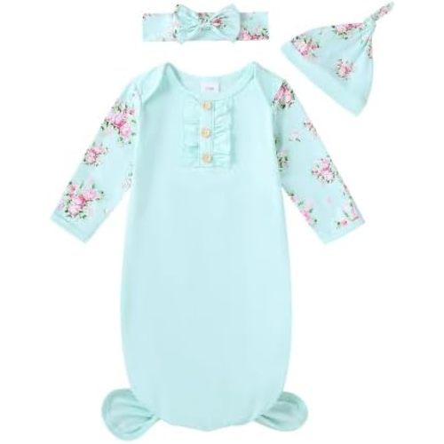 AMAWMW Newborn Baby Girl Sleeper Gown Knotted Nightgown Floral Pajamas Coming Home Outfit Infant Gifts Stuff Essential