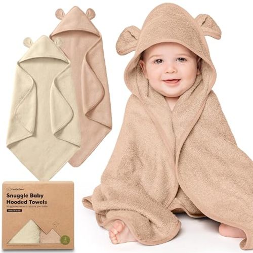 KeaBabies 2-Pack Hooded Baby Towels for Newborn, Kids (Almond, 30x30) | Soft & Absorbent, Viscose from Bamboo Baby Bath Towels with Hood, Infant, Toddler, Kids, Boys Girls, Baby Bath Essentials