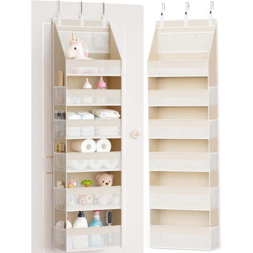 Over the Door Organizer, 6-Shelf Hanging Closet Storage with 13 Mesh Pockets, 55 lbs Capacity, Beige, for Nursery, Bathroom, Bedroom, Dorm