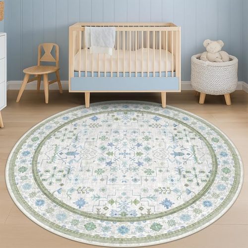 Blue and Green Washable Circle Rug for Bedroom, Oushak 6ft Round Rugs for Living Room, Kids Room, Home Office, Floral Cottage Low Pile Non Slip Indoor Circular Carpet Aesthetic Décor
