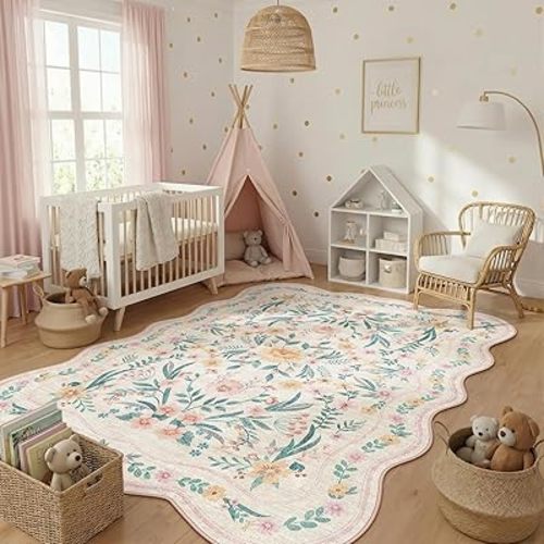 Scalloped Rug for Living Room, 5x8 Pink Floral Rug for Girls Dorm, Washable Rugs Soft Low Pile Non Slip Rugs for Nursery College Bedroom Decor Kids Room Playroom