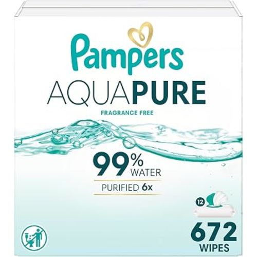 Pampers Aqua Pure Baby Wipes, 99% Water, Fragrance Free, Unscented, Water Based, Multi-Use, 672 Wipes Total (12X Flip-Top Packs) [Packaging May Vary]
