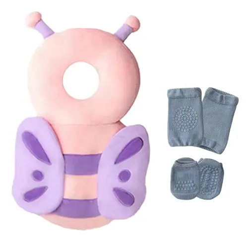 Baby Head Protector Backpack Toddler Head Protection Backpack with 1 Baby Knee Pads and 1 Pair of Non-Slip Socks for Walking (Plush, Pink Butterfly)