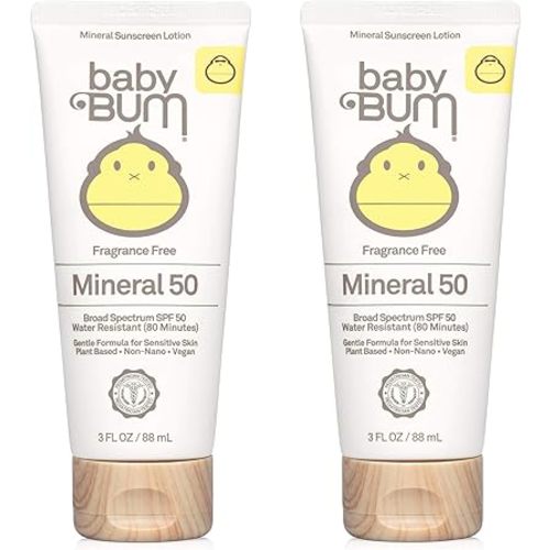BabyBum Products SPF 50 Sunscreen Lotion Mineral Uva/Uvb Face & Body Protection for Sensitive Skin Fragrance Free Travel Size 3 Fluid Ounce 2 Pack
