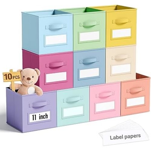 10 Pack Fabric Storage Cubes 11 Inch Collapsible Cube Bins with Label Window & Handle Foldable Organizers Baskets for Shelf Closet Nursery Kids Room Clothes Book Toy(Macaroon)