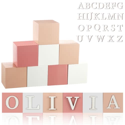 Kigley 8 Pcs Custom Wooden Name Sign 8 Letter Blocks and 78 Wooden Letter Name Wooden Cubes Wooden Blocks for Montessori Shower Name Alphabet Wood Signs(Pink)