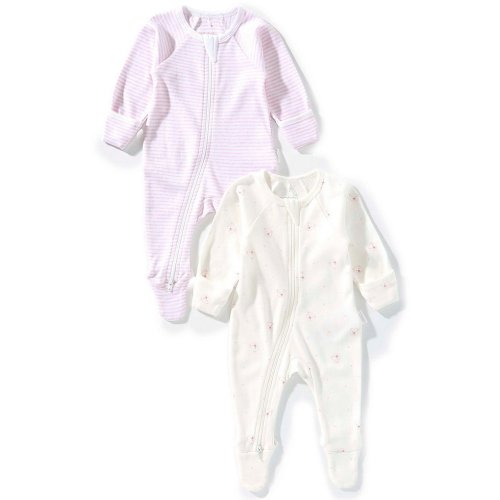Purebaby Baby Long Sleeve Organic Cotton Zip Footie Growsuit Pack of 2