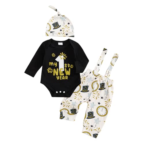 My First New Year Baby Boy Outfit Newborn Long Sleeve Romper Firework Suspender Overalls Pants Set Going Home Outfit