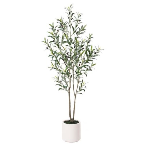 5 ft. Artificial Olive Tree with White Planter, Large Faux Olive Silk Tree for Indoor Home Decor and Housewarming Gift