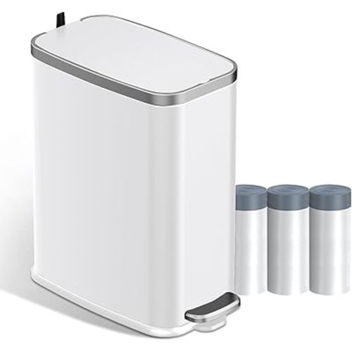 Stainless Steel Bathroom Trash Can with Lid Soft Close,1.6 Gallon Slim Garbage can,Small Metal Step Wastebasket for Office, Bedroom, Toilet, White