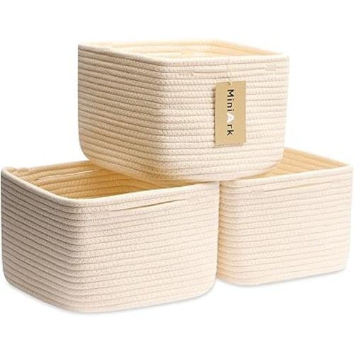 MiniArk Small Organizing Baskets for Cubes Shelf, 9.7x9.7x7.1 Inch Rope Woven Storage Bins for Nursery Shelves Storage, Cute Toy Basket, Square 3 Packs Beige