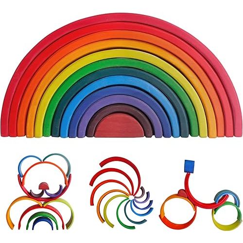 SHIERDU Wooden Rainbow Stacking Toy, 12-Piece Wooden Building Block Set, Wooden Building Block Nesting Puzzle, Early Childhood Matching Education and Learning Montessori Toys 3 4 5 6 Years Old