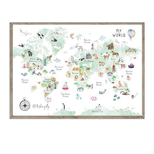 Joocrise Green Kids World Map Wall Art Animal Map Canvas Wall Art Nursery Wall Decor World Map Poster Childrens Room Decor Playroom Prints Educational Artwork 16x24 Inch Unframed