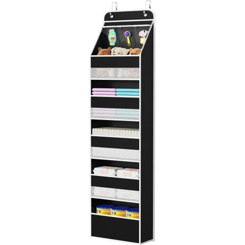 Univivi 6-Shelf Over Door Hanging Organizer Fabric Baby Door Storage with 5 Large Pockets and 3 Small PVC Pockets Wall Mount Hanging Storage Organizers for Baby Essential (Black)