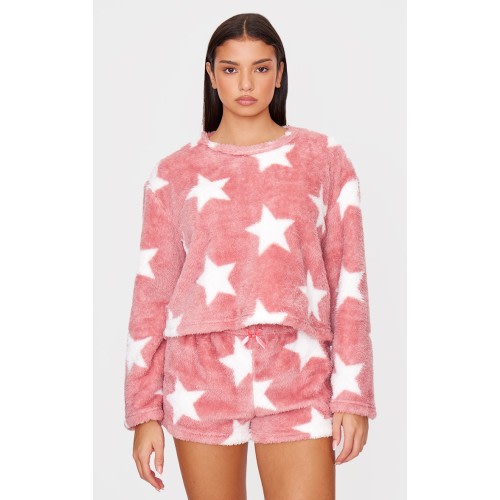 Pink Star Print Fleece Long Sleeve Pj Top