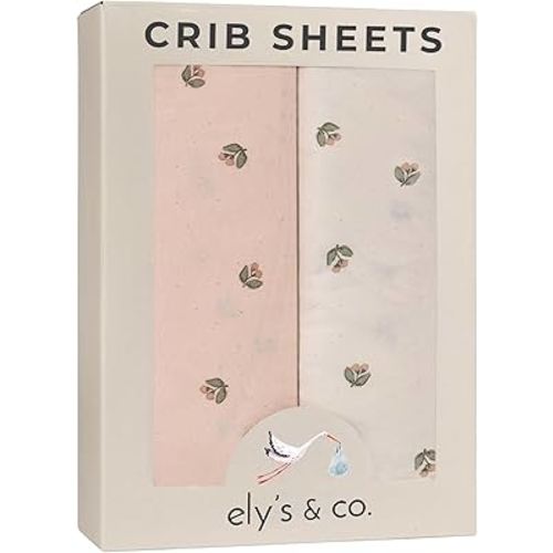 Ely’s & Co. Crib Sheets, Baby Girl Fitted Crib Mattress Sheet Set, 2 Pack, 100% Jersey Knit Cotton, Infant and Toddler Nursery Bedding, Pink Vintage Print, 28” x 52”