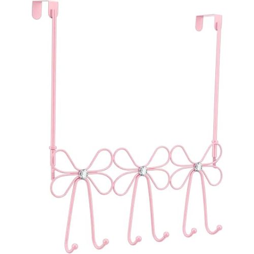 Kathfly Over the Door Hooks Towel Hooks Heavy Duty Hanging Towel Rack Over Door Hanger, 5 Coat Hanger for Bedroom Bathroom Kitchen(Pink,Diamond Bow)